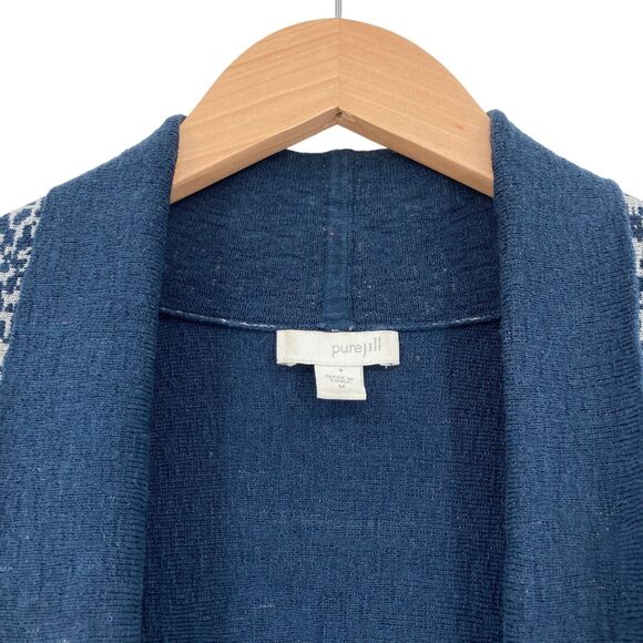 Pure Jill Cardigan Sweater Womens Medium Blue White Geo Print Cotton Open Front - Picture 8 of 16